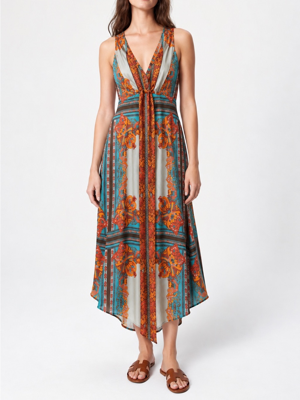 Sundance Boho Blue Orange Paisley Silk Blend Resort Style Maxi Dress Size 10